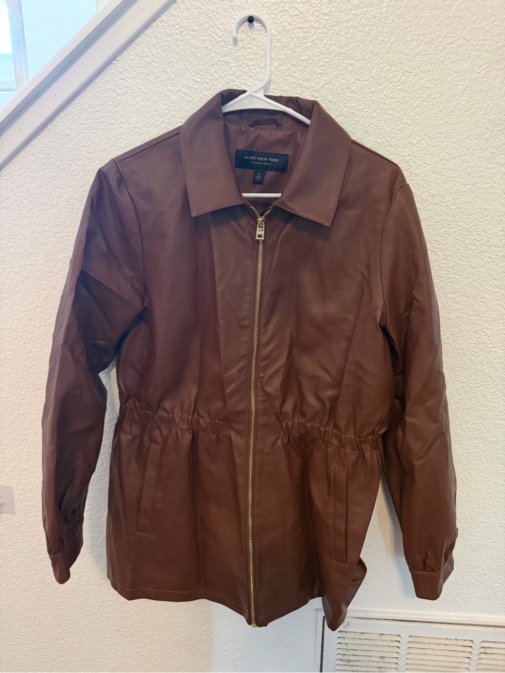 Marc New York Brown Faux Leather Zip-Front Jacket with Elastic Waist